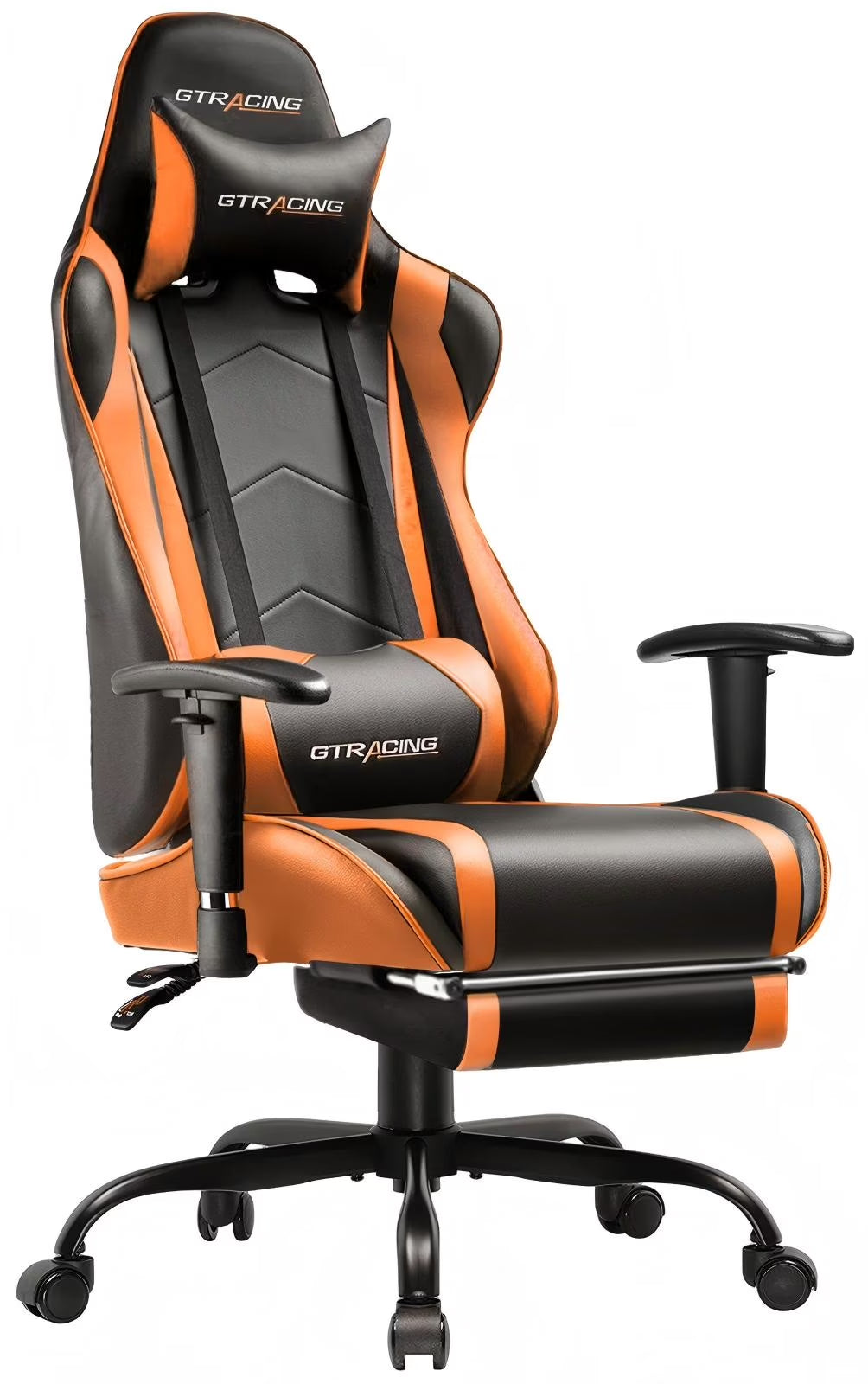 Black and orange GTRACING gaming chair with lumbar support, headrest, and adjustable armrests for ergonomic comfort.