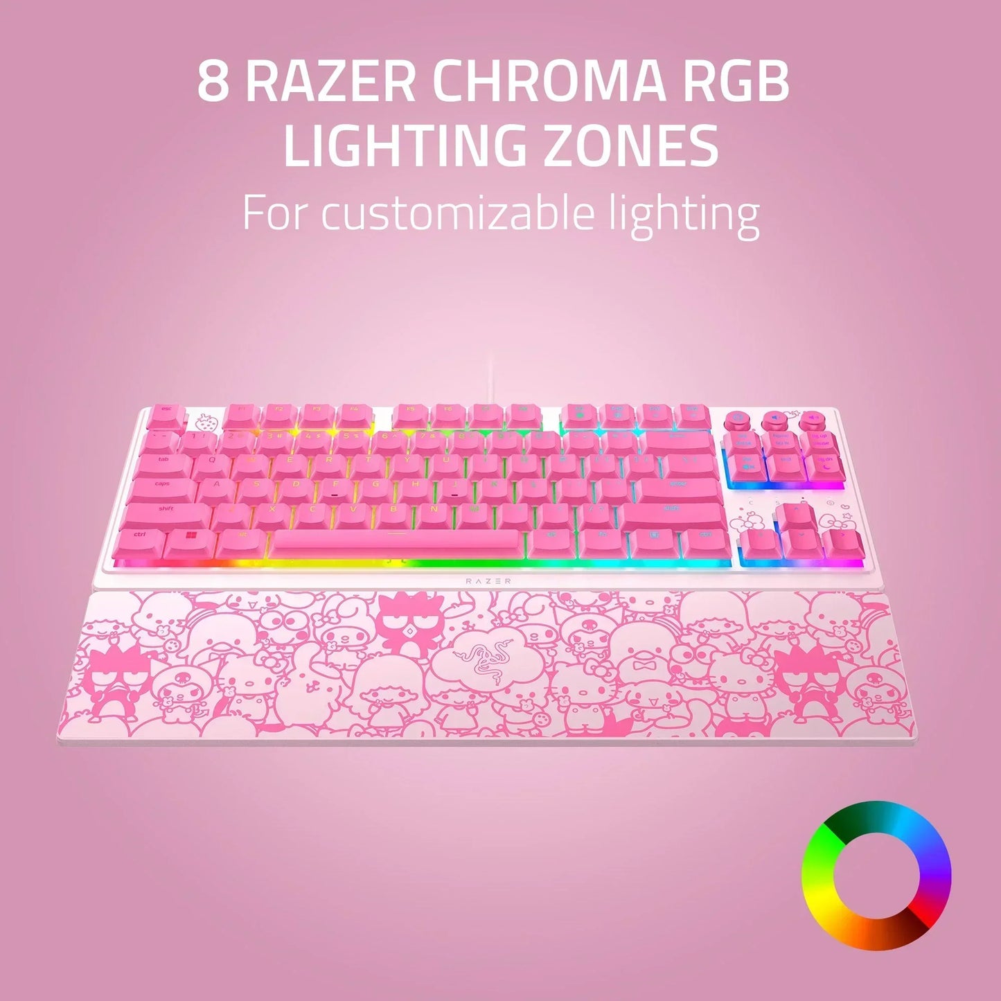 Pink Razer keyboard with RGB lighting and cute character designs, modern gaming gear at Byte Style.