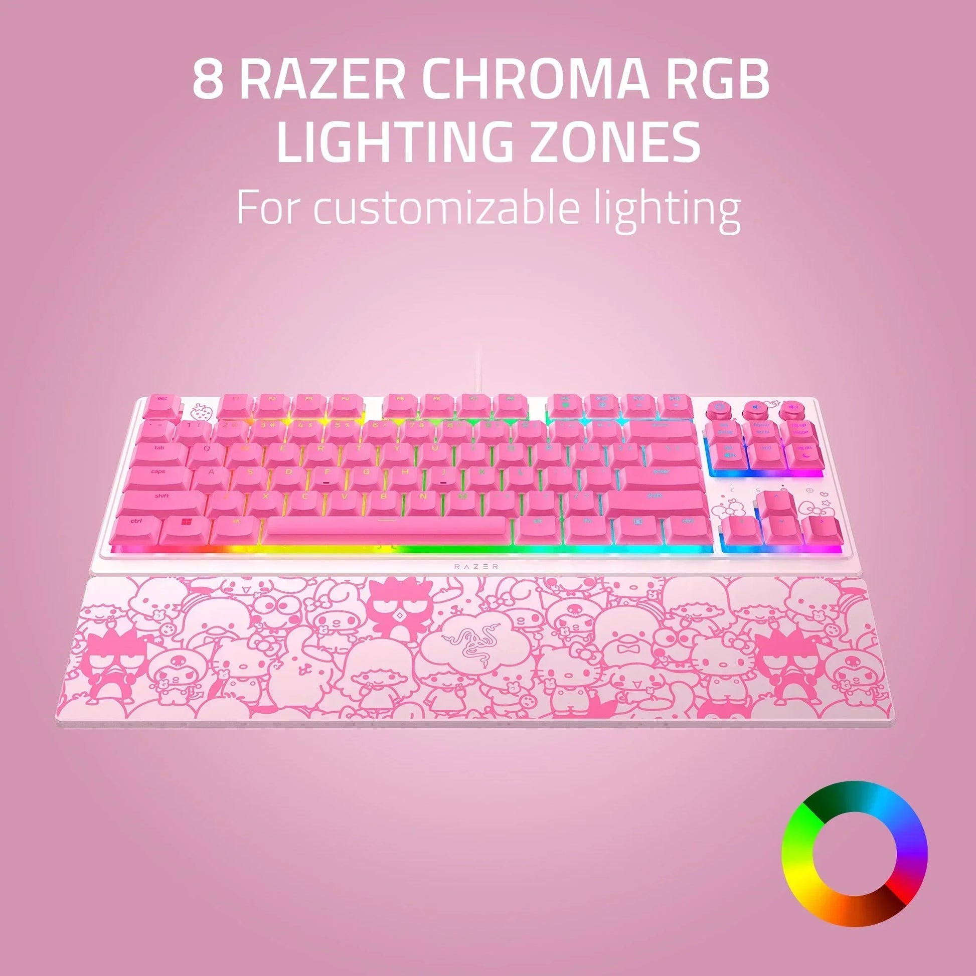 Pink Razer keyboard with RGB lighting and cute character designs, modern gaming gear at Byte Style.