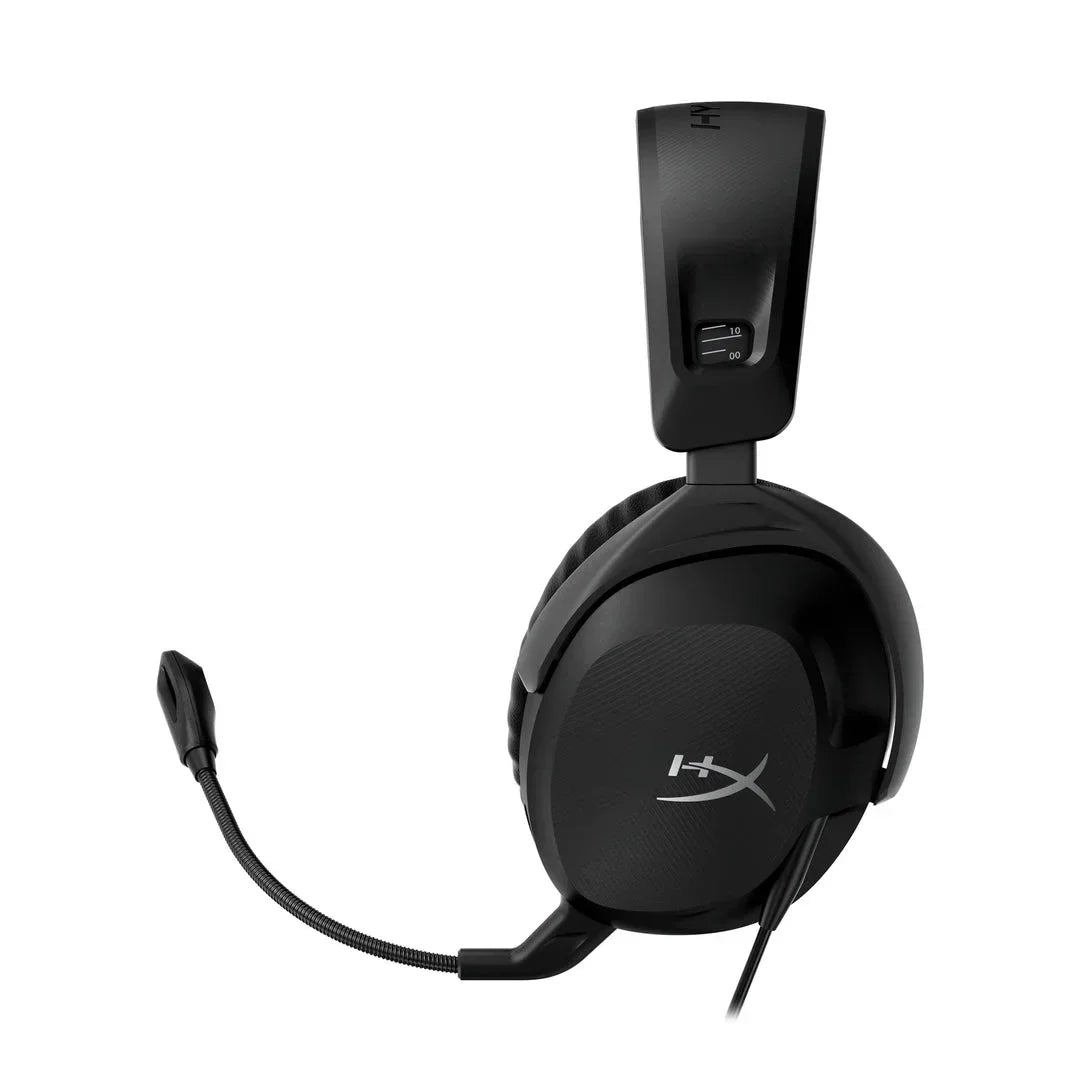 Black HyperX gaming headset with adjustable microphone and padded ear cups