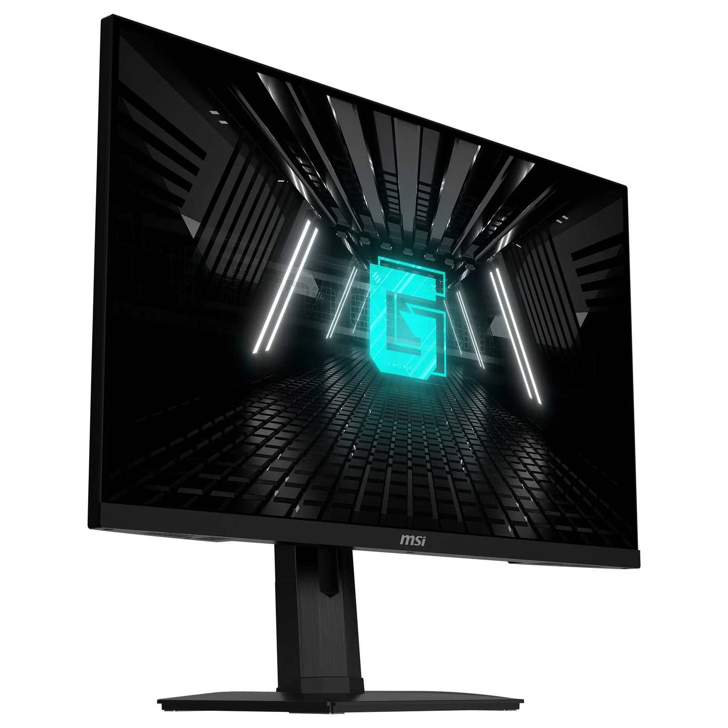 MSI gaming monitor with futuristic black and blue digital tunnel and glowing G logo on screen