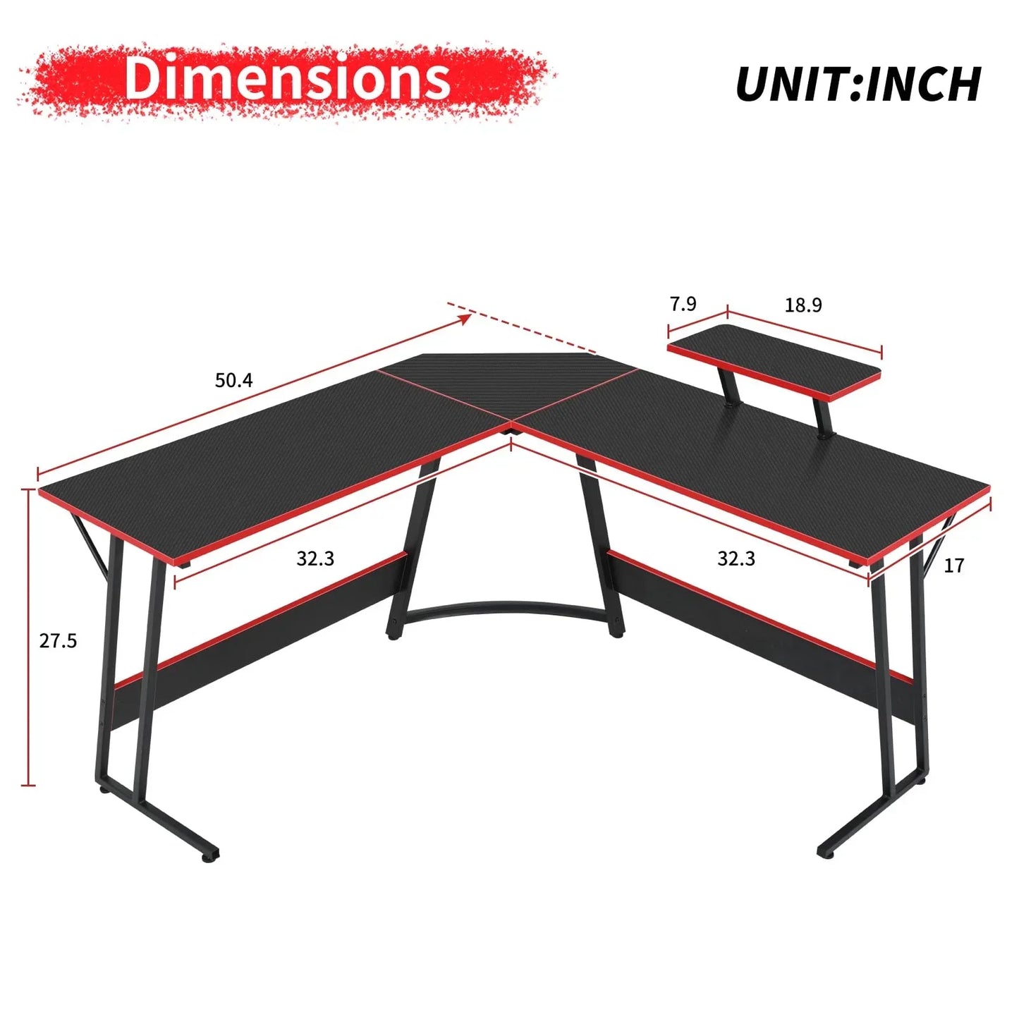 Black L-shaped gaming desk with red edges showing detailed dimensions in inches
