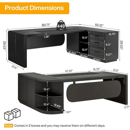 80 Inches Executive Desk, L-Shaped Office Desk with 55 Inches Cabine