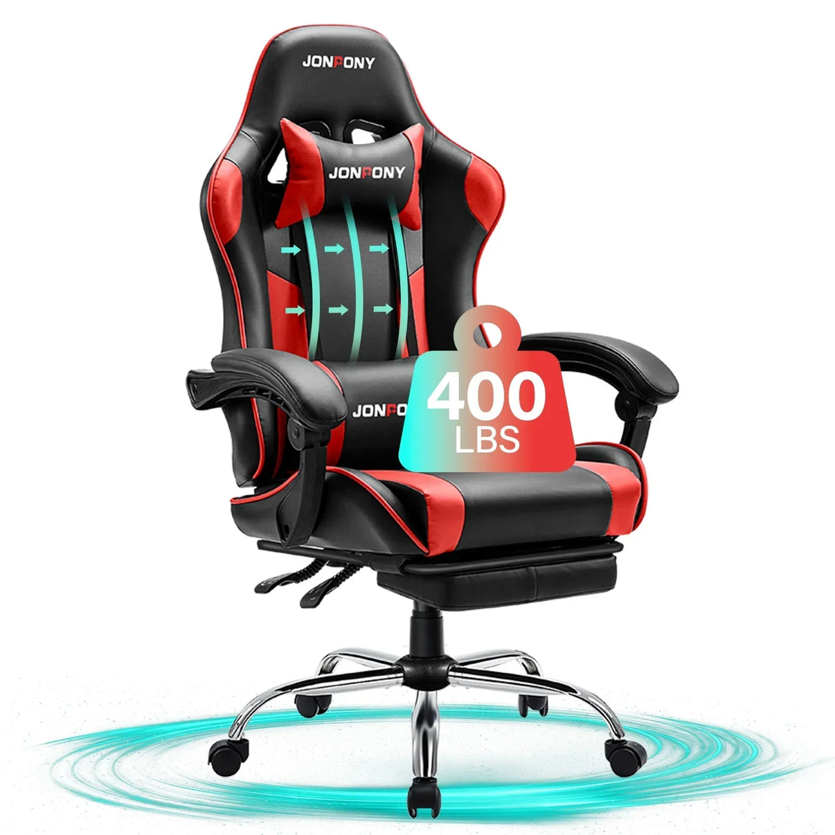 Black and red JonPony gaming chair with adjustable armrests and 400 lbs weight capacity
