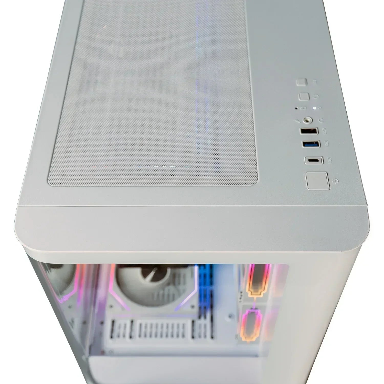 White gaming PC case with RGB lighting, top mesh panel, and USB ports