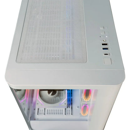 White gaming PC case with RGB lighting, top mesh panel, and USB ports
