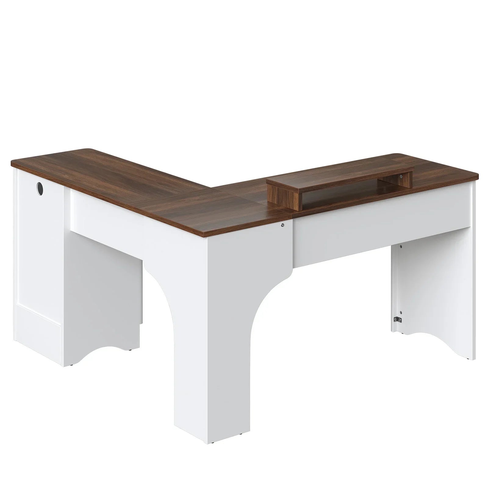 L Shaped Desk with Drawers, 55.7" X 55" Office Computer Desk with round Corners, Monitor Stand & Fluted Panels, White & Walnut