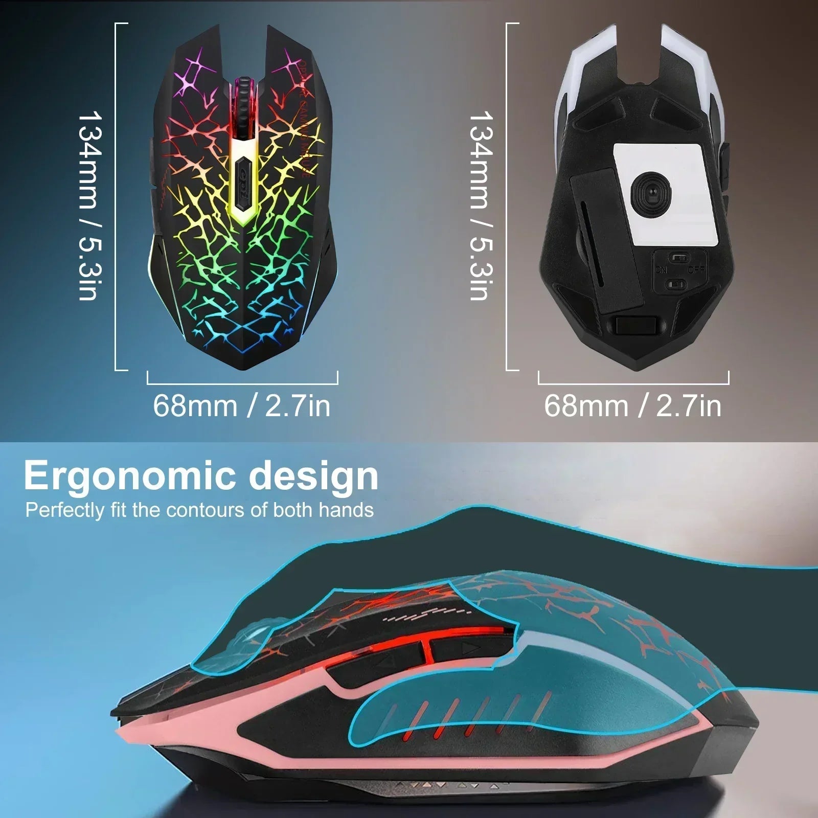 Ergonomic RGB gaming mouse with cracked light pattern, 134mm x 68mm, ambidextrous design