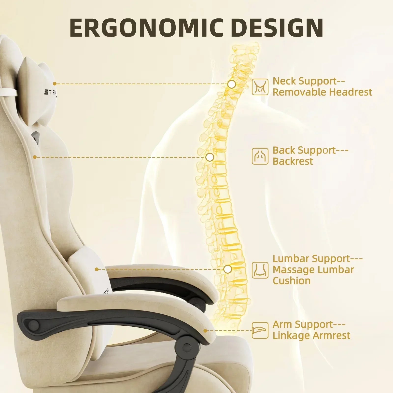 Ergonomic gaming chair with neck, back, lumbar & arm support for posture comfort