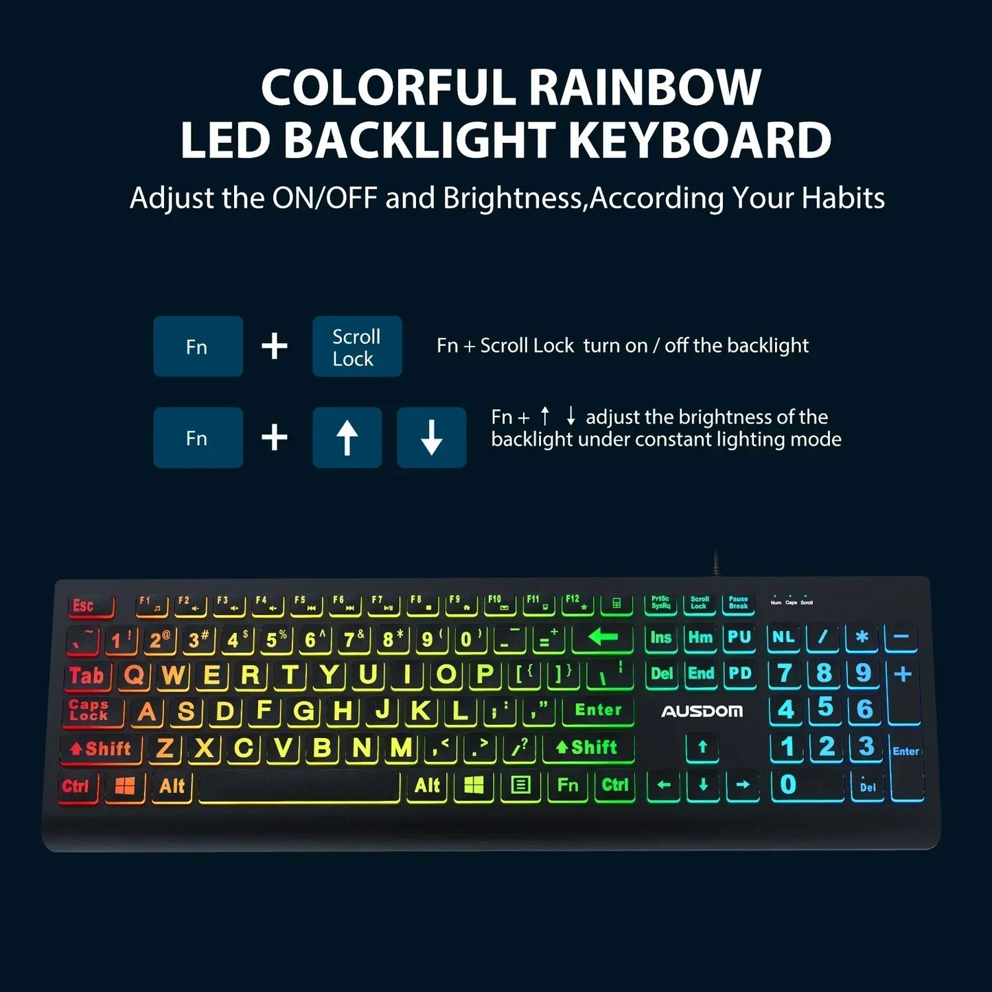 Colorful rainbow LED backlight gaming keyboard with adjustable brightness, Byte Style gear