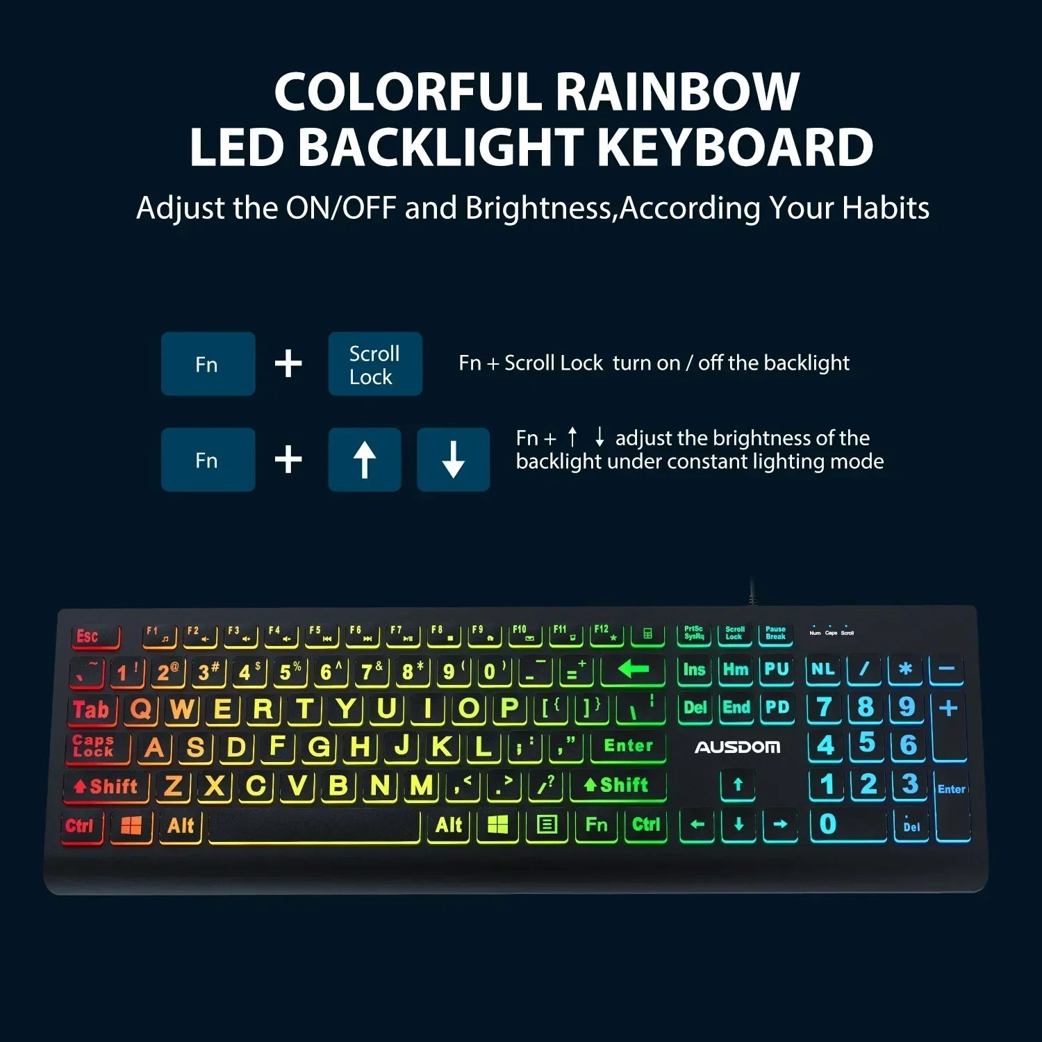 Colorful rainbow LED backlight gaming keyboard with adjustable brightness, Byte Style gear