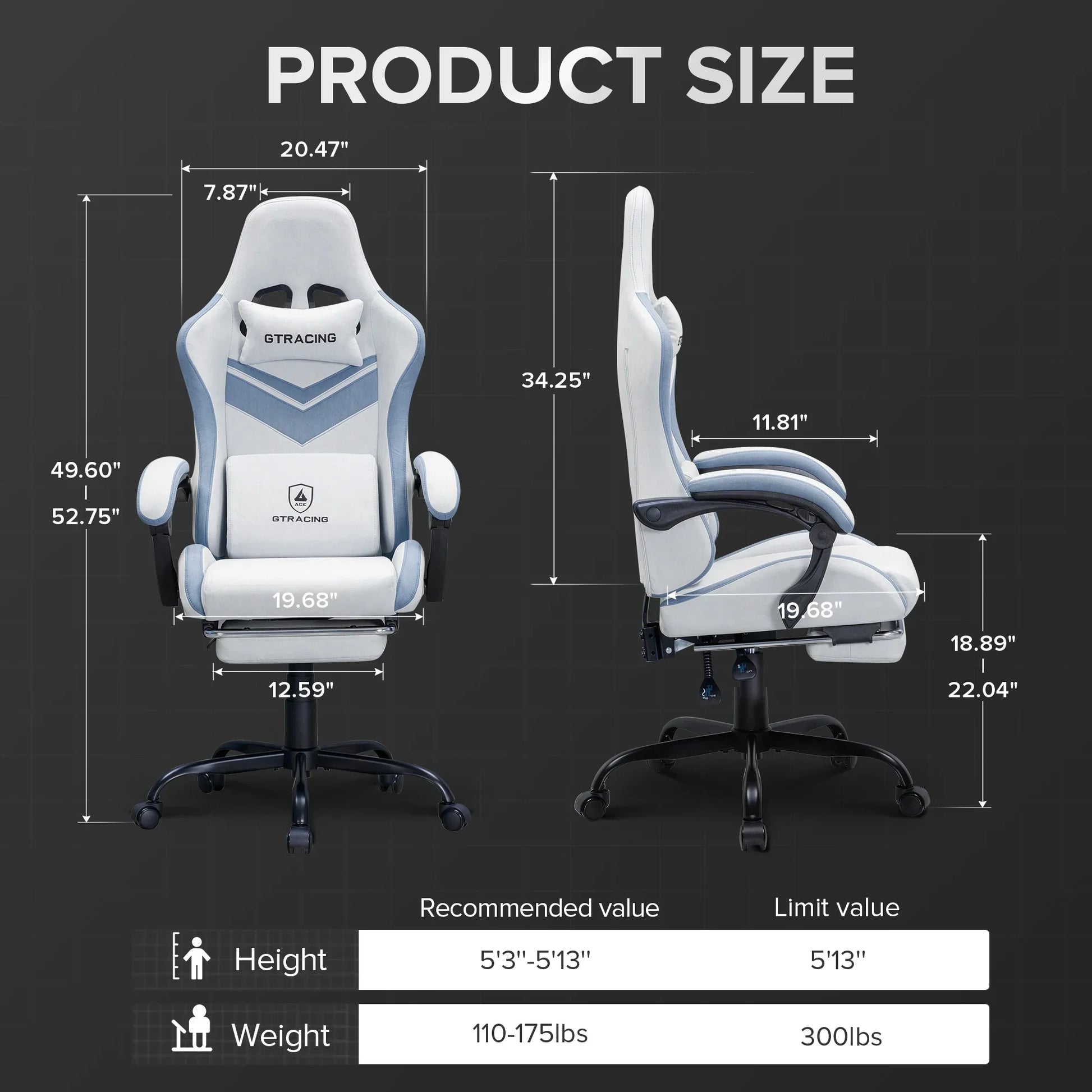 White and light blue GTRACING gaming chair with dimensions and recommended user height and weight