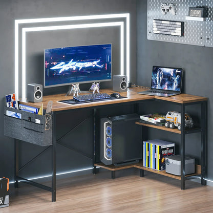 L Shaped Desk, 48 Inch Computer Desk with Reversible Storage Shelves Home Office Corner Desk Study Writing Table, Vintage