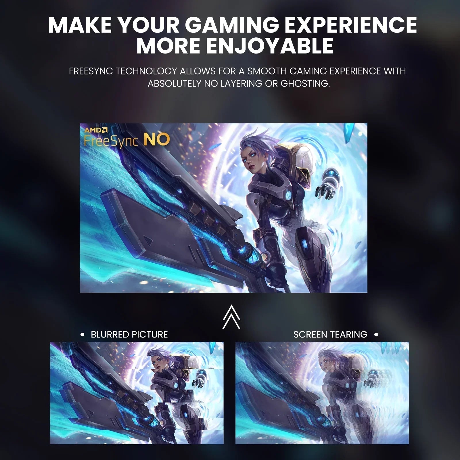 Gaming graphic illustrating AMD FreeSync technology with clear image versus blurred picture and screen tearing effects
