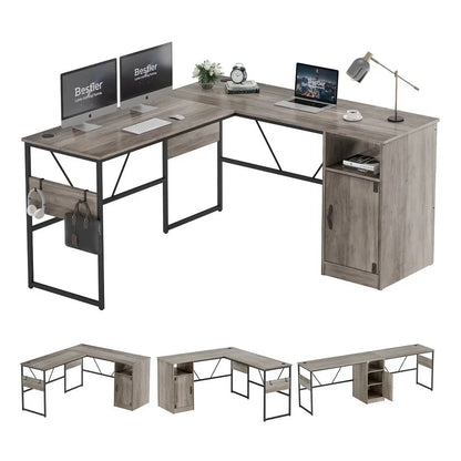 Reversible 60" L Shaped Computer Desk with Storage Cabinet Long Desk for 2 Person Wash White