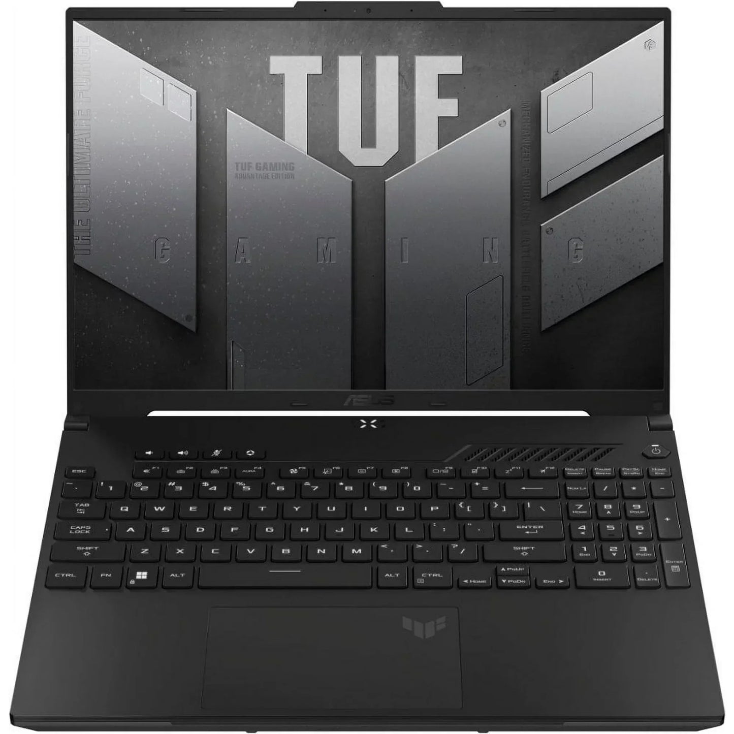 Black gaming laptop with backlit keyboard and TUF Gaming logo on screen
