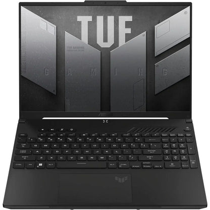 Black gaming laptop with backlit keyboard and TUF Gaming logo on screen