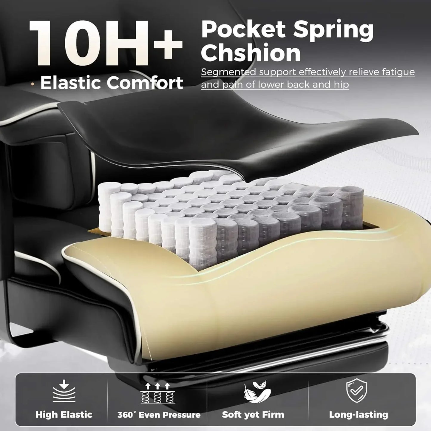 Gaming chair with pocket spring cushion for ergonomic support and elastic comfort during long sessions