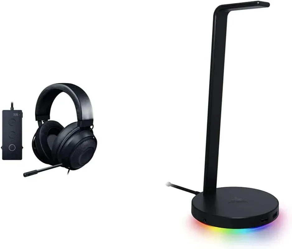 Black gaming headset with microphone, audio controller, and RGB headset stand on white background