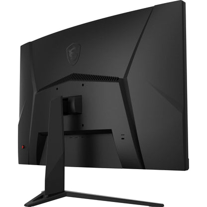 Back view of sleek black MSI gaming monitor with angular design and sturdy stand