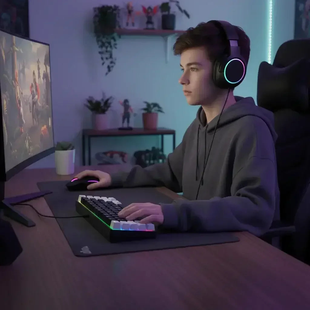 Young gamer focused on PC game with RGB mechanical keyboard and glowing headphones in dark gaming setup