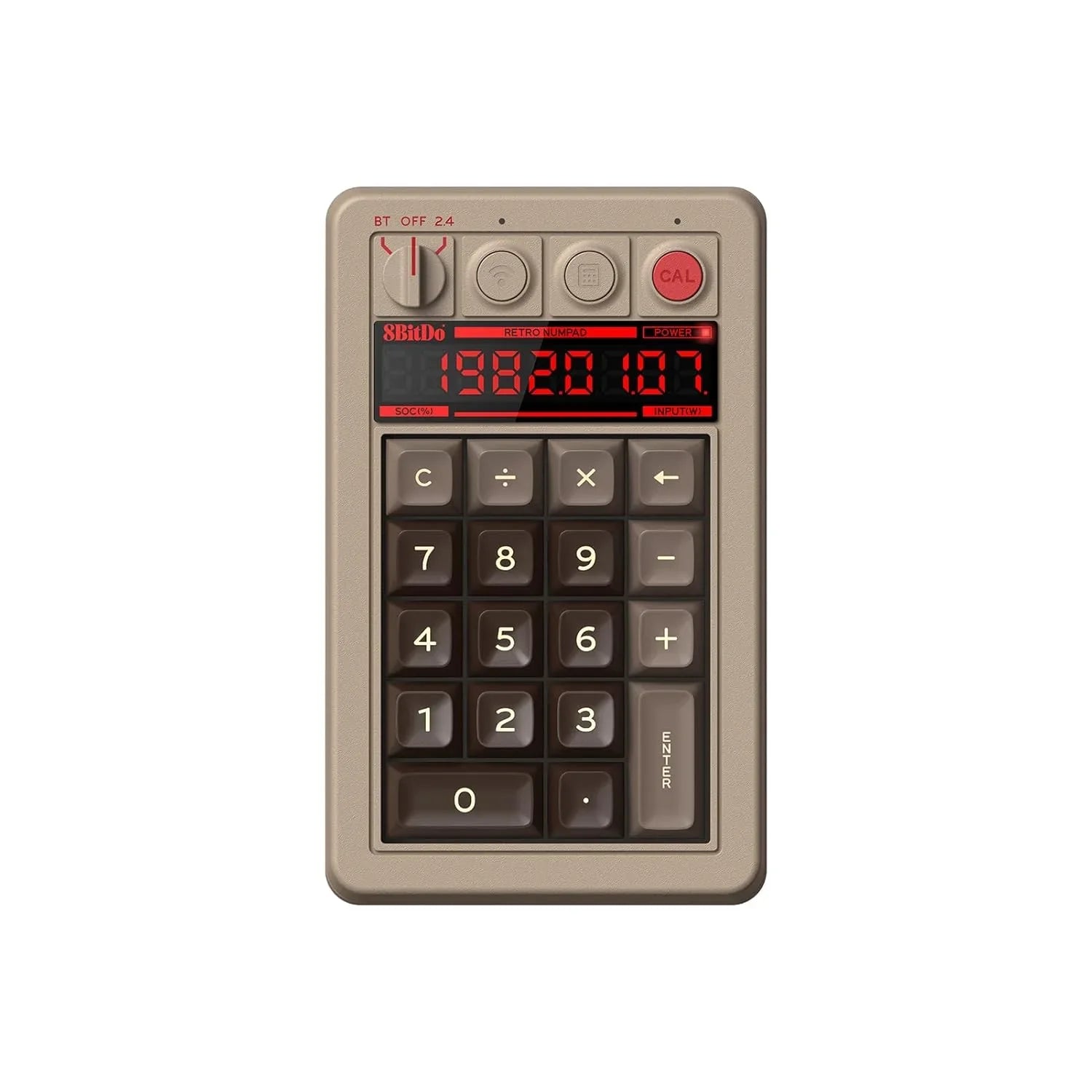 Retro-style 8BitDo wireless numeric keypad with digital display, tan and brown design