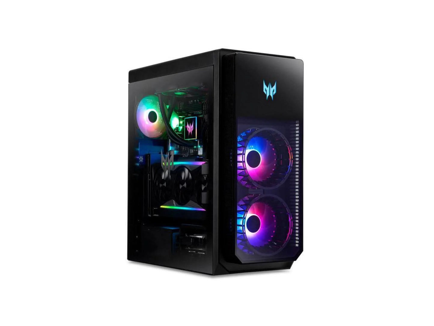 Black gaming PC tower with dual front RGB fans and side panel showcasing colorful internal RGB components