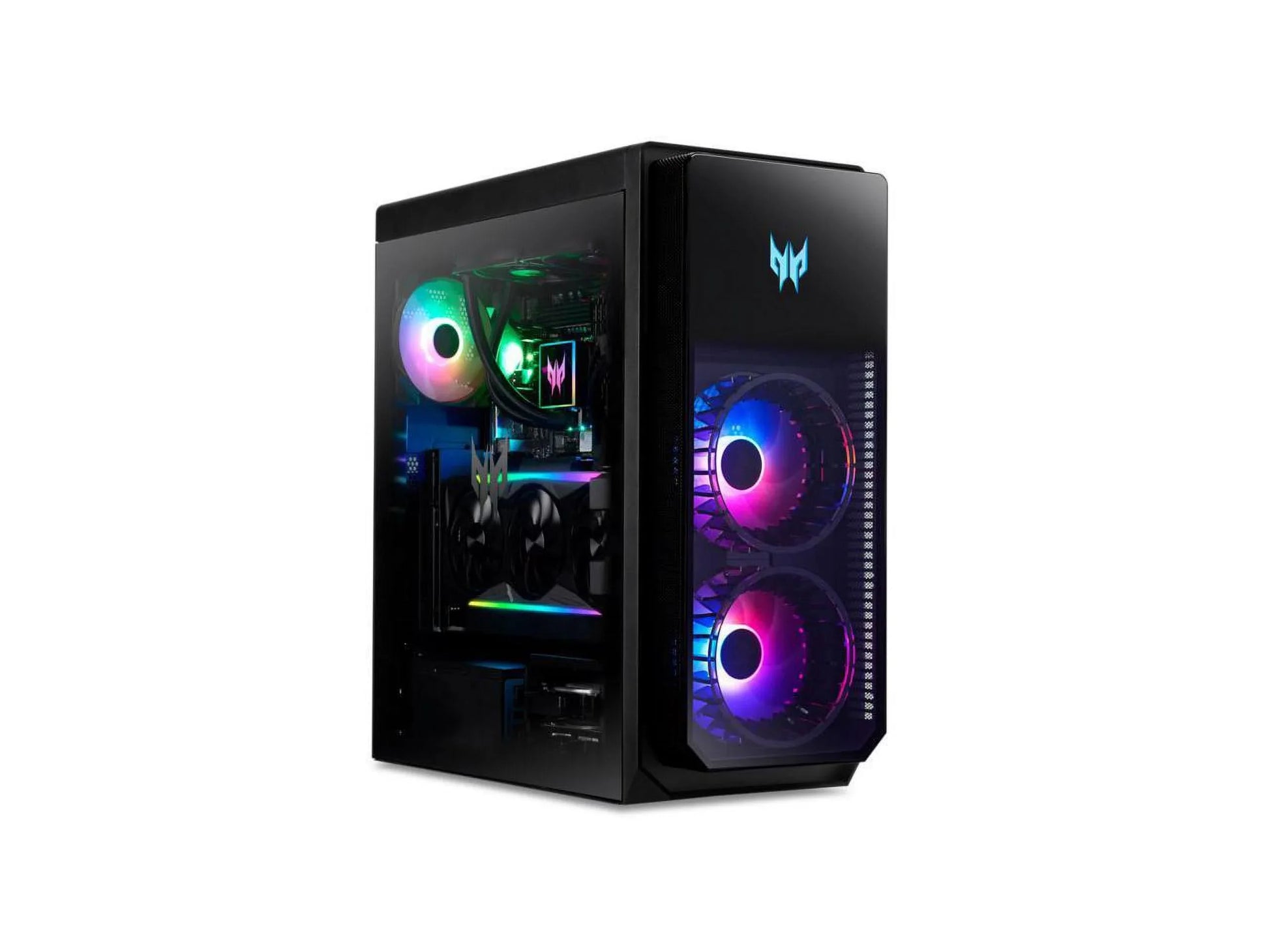 Black gaming PC tower with dual front RGB fans and side panel showcasing colorful internal RGB components