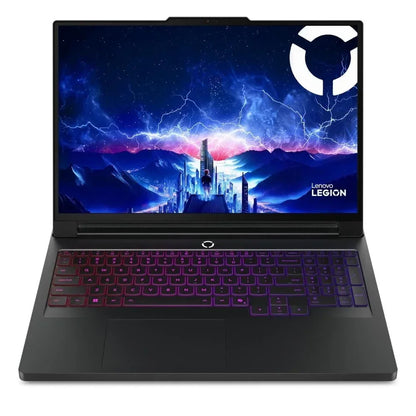 Gaming laptop with RGB backlit keyboard and sci-fi digital city on display screen