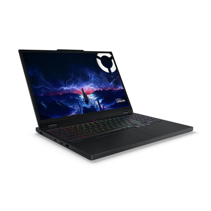 RGB backlit gaming laptop with futuristic city wallpaper and Legion logo on screen