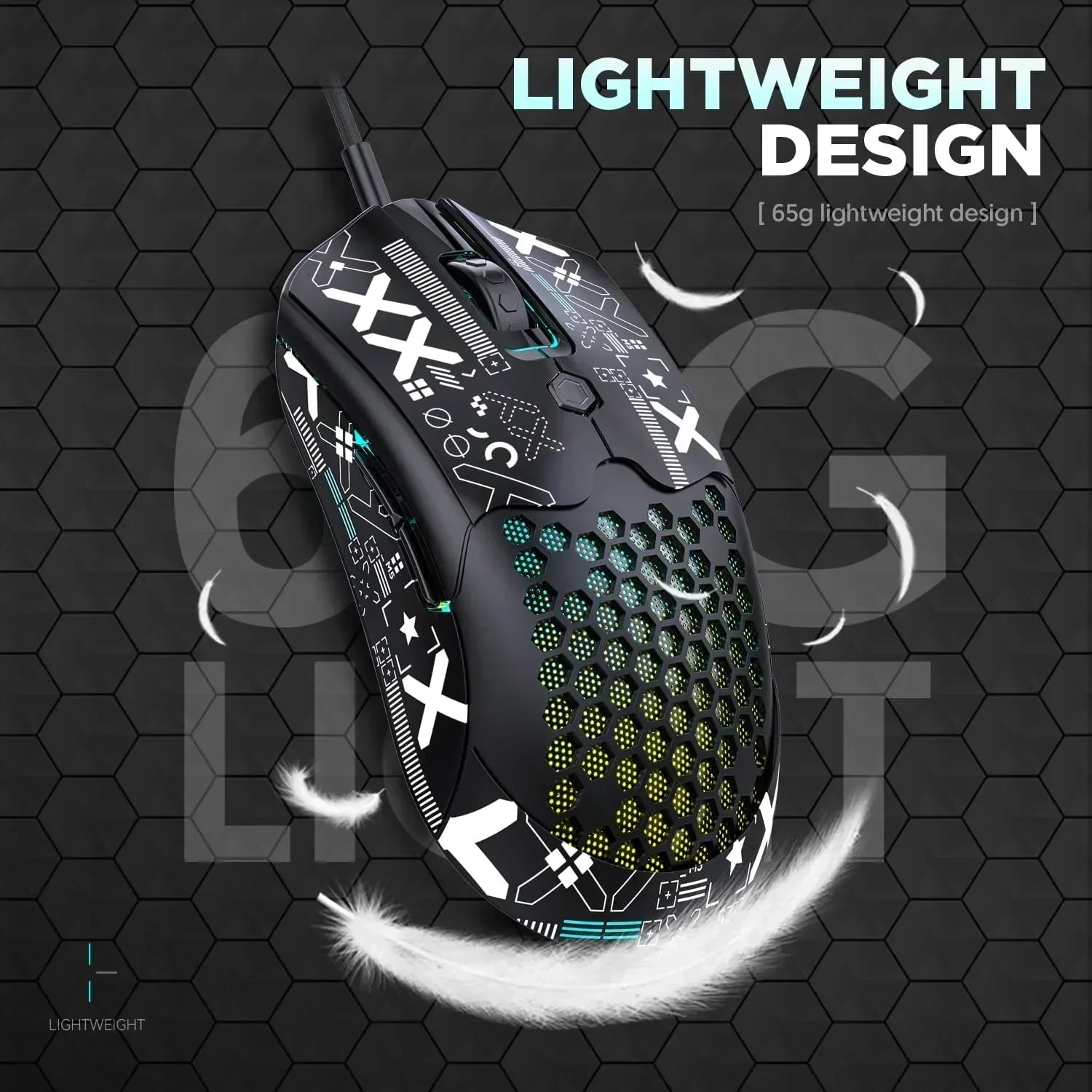 M5 Pro Ultralight Wired Gaming Mouse, Lightweight Honeycomb Shell, Pixart PAW3325, 6 Adjustable DPI 12000, 26 RGB Breathing Backlit Mice, 65G, USB Optical Model O Mice for Win11/Xbox/Ps/Mac