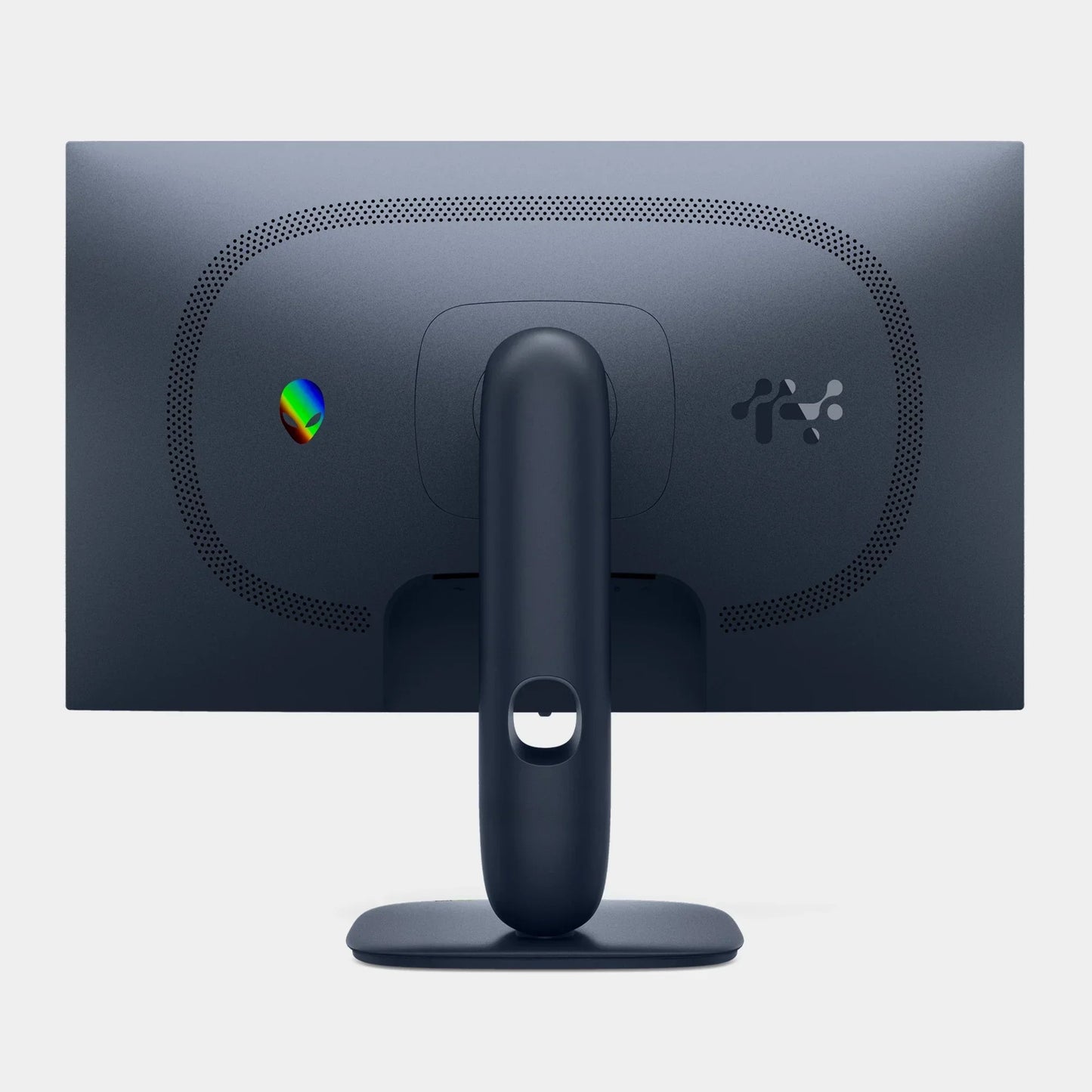 Rear view of a sleek gray Alienware monitor with perforated ventilation and adjustable stand
