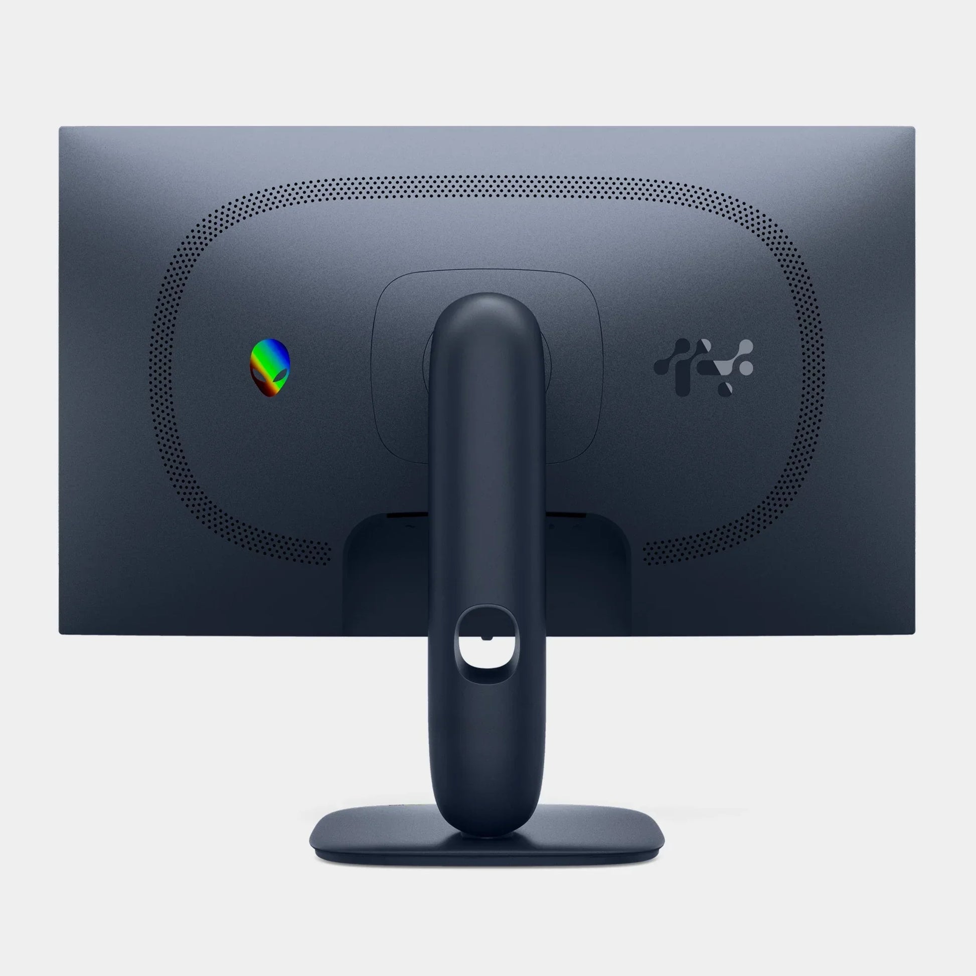 Rear view of a sleek gray Alienware monitor with perforated ventilation and adjustable stand
