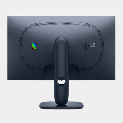 Rear view of a sleek gray Alienware monitor with perforated ventilation and adjustable stand