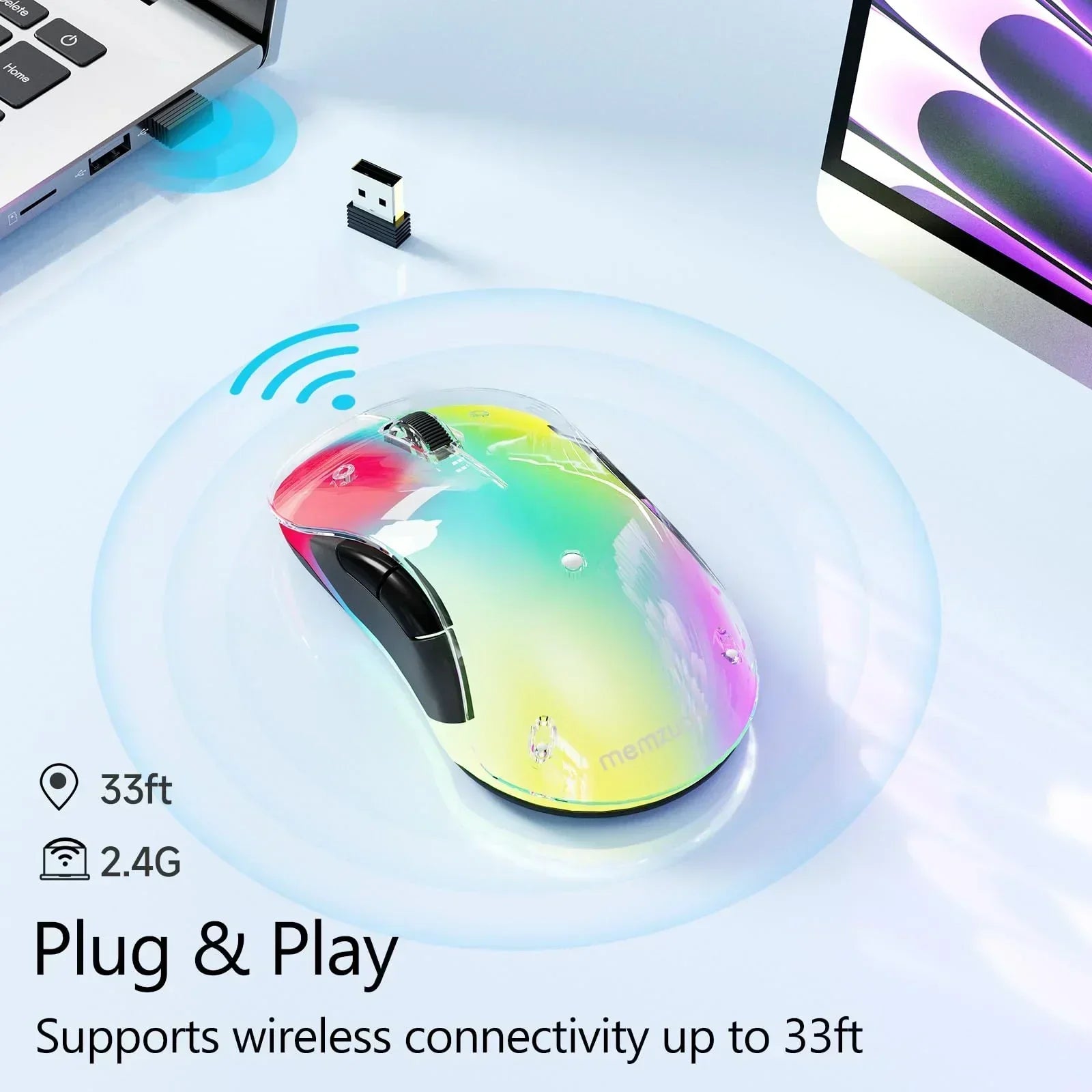 Wireless RGB gaming mouse with rainbow colors, 2.4G receiver, shown near laptop and monitor.