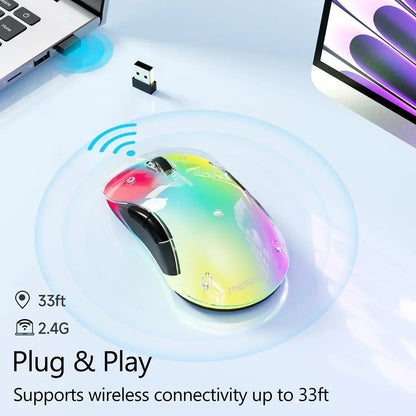 Wireless RGB gaming mouse with rainbow colors, 2.4G receiver, shown near laptop and monitor.