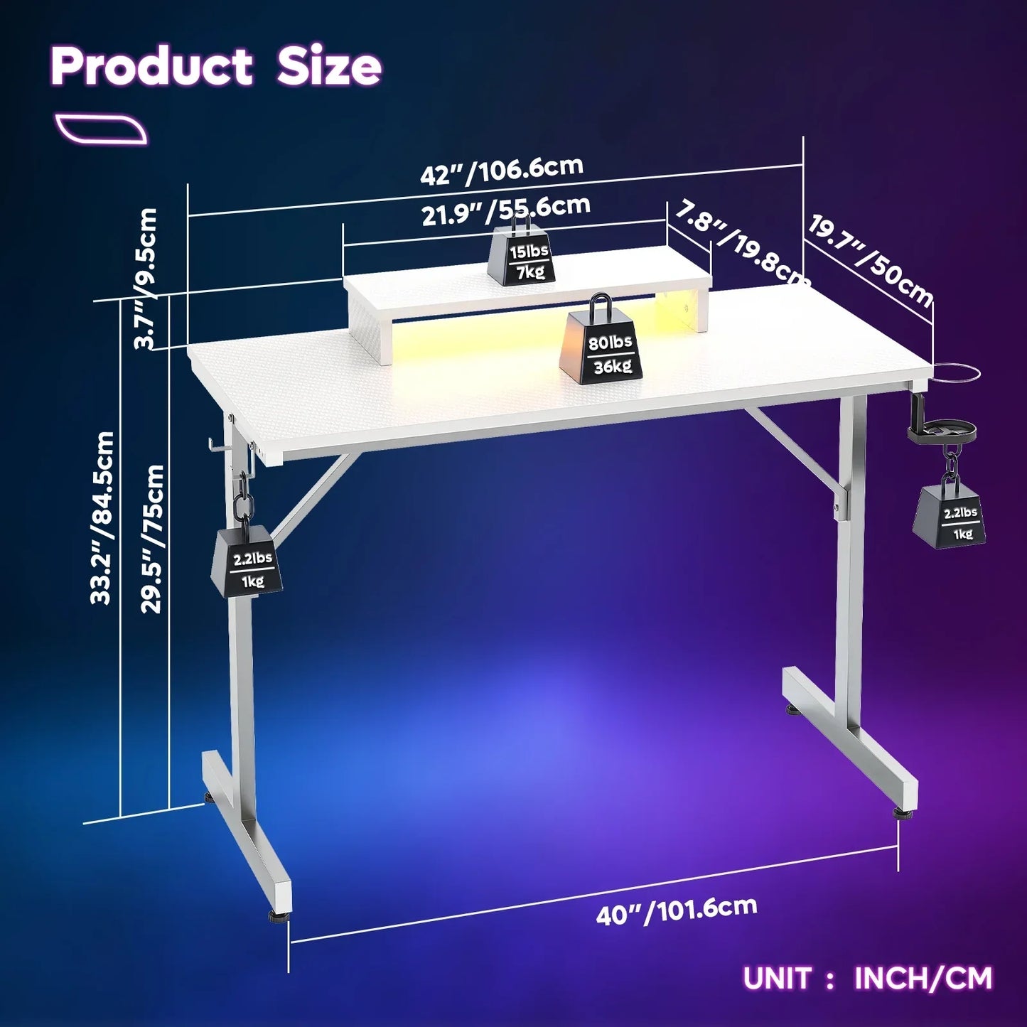 White adjustable two-tier workstation desk with weight capacity labels and size dimensions in inches and cm