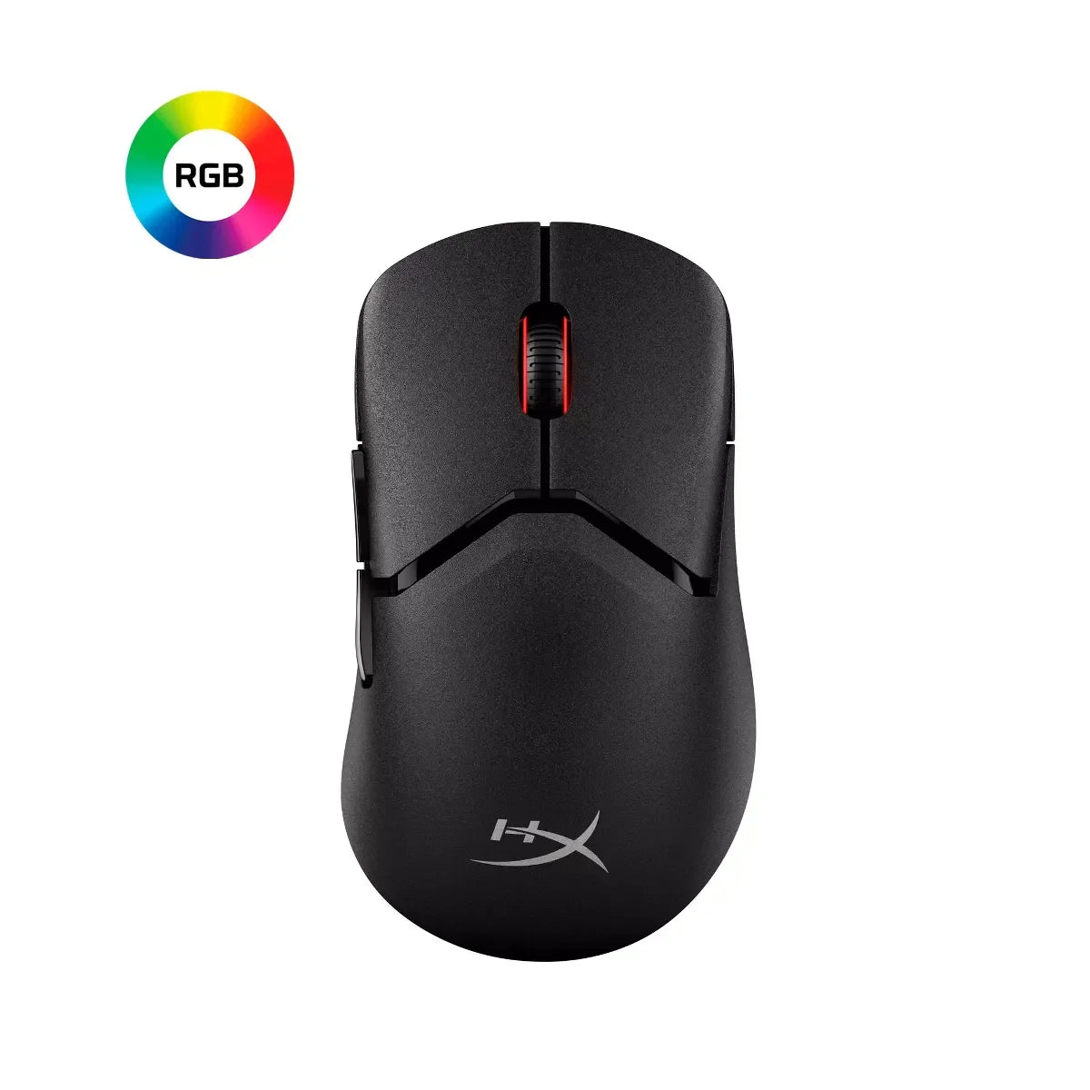 Black HyperX gaming mouse with red scroll wheel lighting and RGB icon on white background