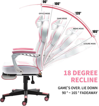 White and pink ergonomic gaming chair showing adjustable recline angles from 90 to 165 degrees with labeled modes