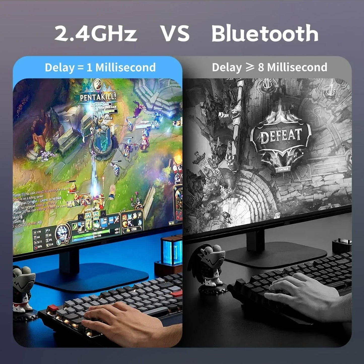 Wireless gaming keyboard comparison showing 2.4GHz vs Bluetooth latency performance