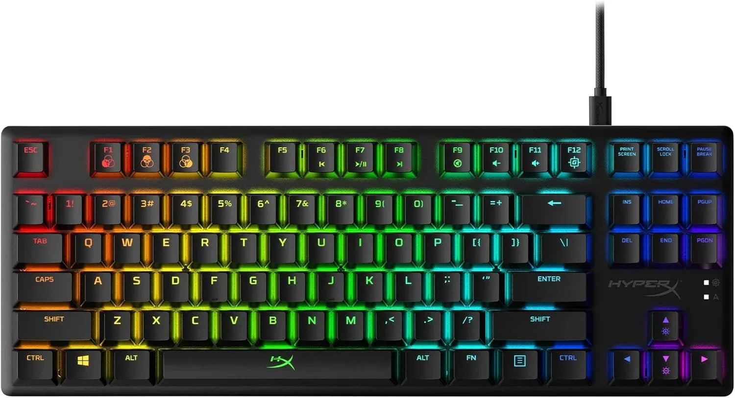 RGB gaming keyboard with rainbow backlit keys, HyperX branding, modern gaming gear at Byte Style