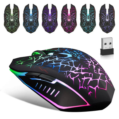Wireless RGB gaming mouse with crackle lighting pattern and USB receiver, various LED colors
