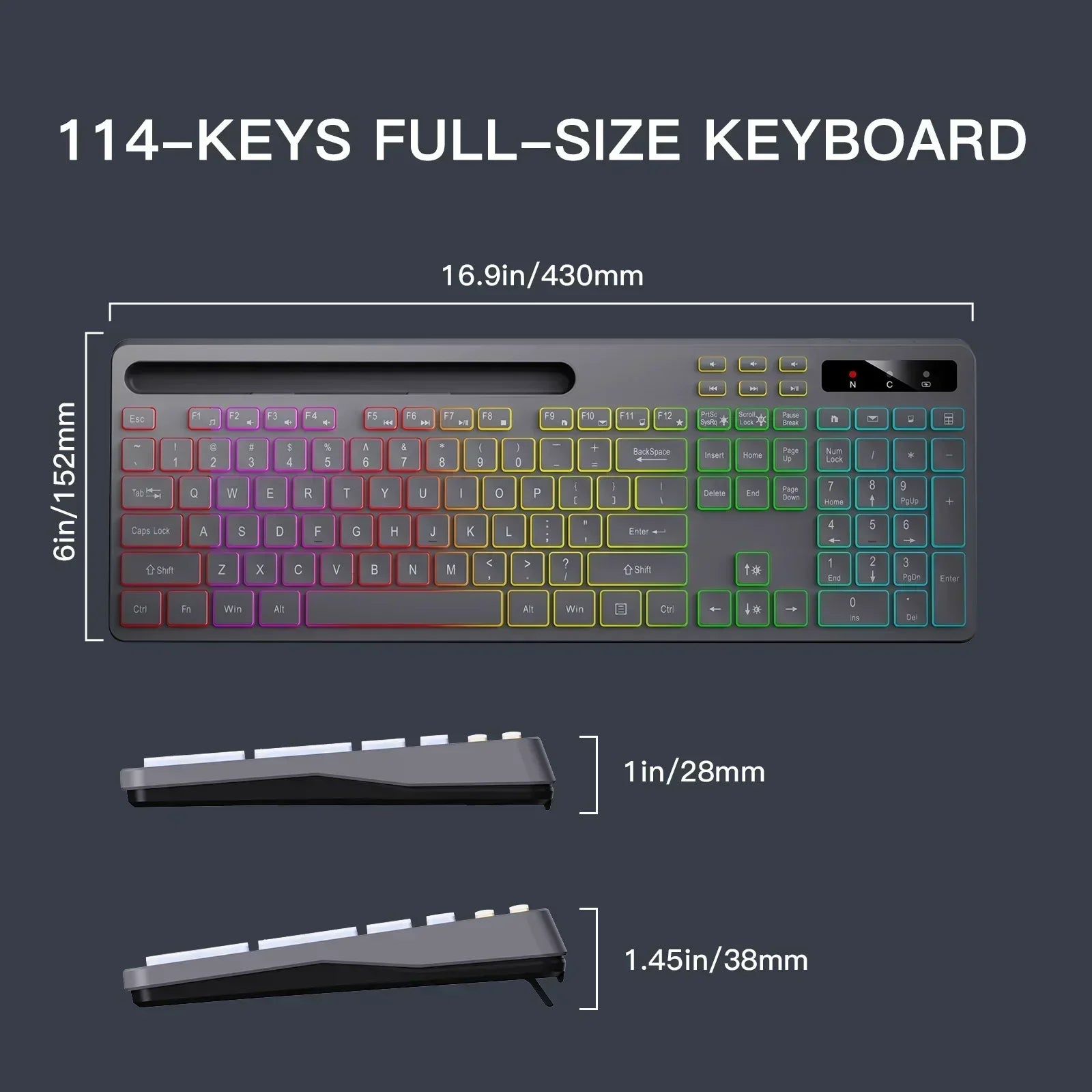 Wireless Keyboard with 7-Color RGB Backlit,  Full-Size Computer Keyboard with Phone Tablet Holder, Rechargeable 2.4G Wireless Gaming Keyboard with Light up Keys, Compatible with Mac,Window,Gray