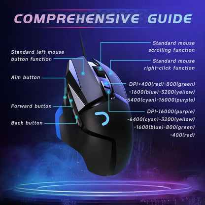 RGB Optical Gaming Mouse Wired with 6 Adjustable DPI Lightweight Black