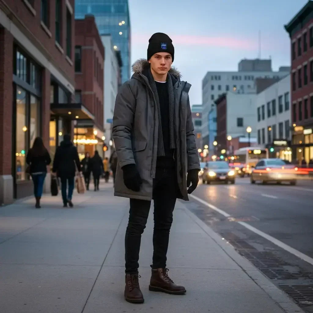 Young man in winter coat, beanie, and boots standing on urban sidewalk at dusk with city lights