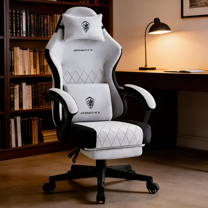 White and black DOWINX gaming chair with lumbar pillow, quilted design, in home office setup