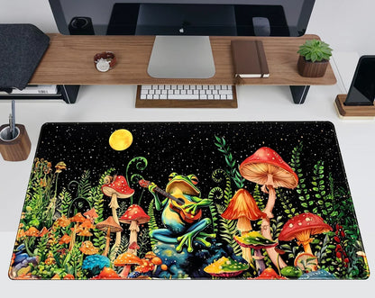 Colorful gaming desk mat featuring a frog playing guitar among vibrant mushrooms and plants under a starry night sky with a yellow moon