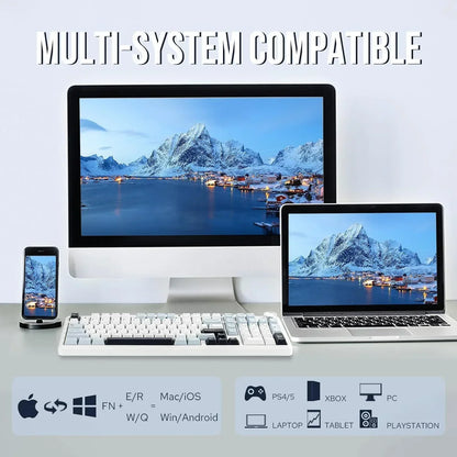 Multi-system compatible white mechanical keyboard with desktop, laptop, and smartphone on desk, modern gaming gear.