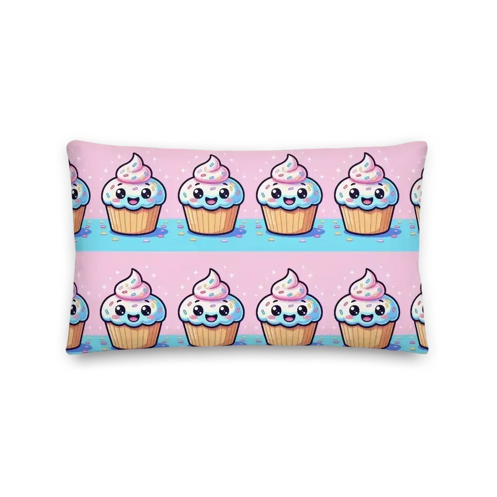 Rectangular pillow with cute kawaii cupcakes pattern on pink and blue background