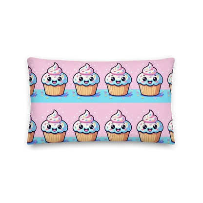 Rectangular pillow with cute kawaii cupcakes pattern on pink and blue background